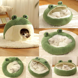 CuddleMutt™ Frog Haven Plush Pet Bed – Cozy Winter Cave for Dogs